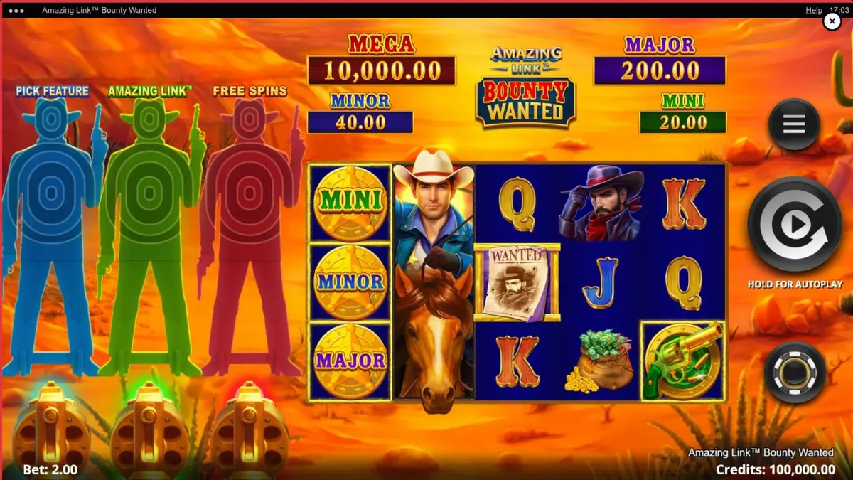 Tampilan visual slot Amazing Link Bounty Wanted dengan latar belakang gurun dan simbol koboi.